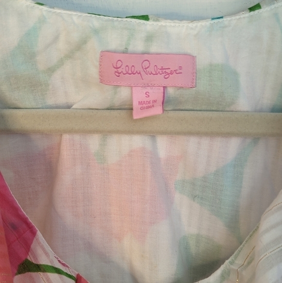 Lilly Pulitzer COTTON Ruffled Flirty Pink Green Floral Print Sleeveless Blouse S - Picture 4 of 15